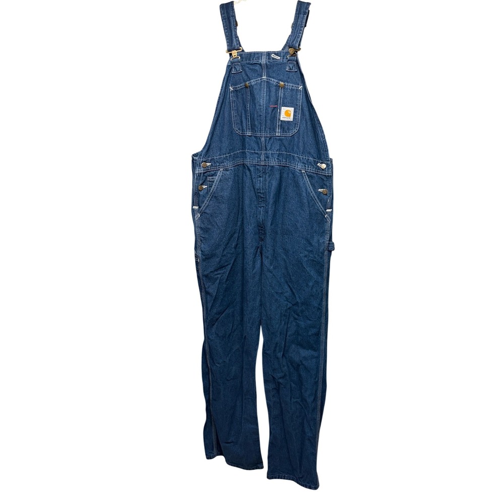 VTG Carhartt Denim Jean Overall Bib 42 Blue R07 DST 42x32 Prep Outdoors Mens 90s